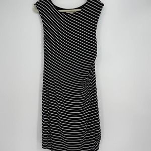 LOFT BLACK WITH WHITE STRIPES PINCHED WAIST SLEEVELESS STRETCH DRESS MEDIUM
